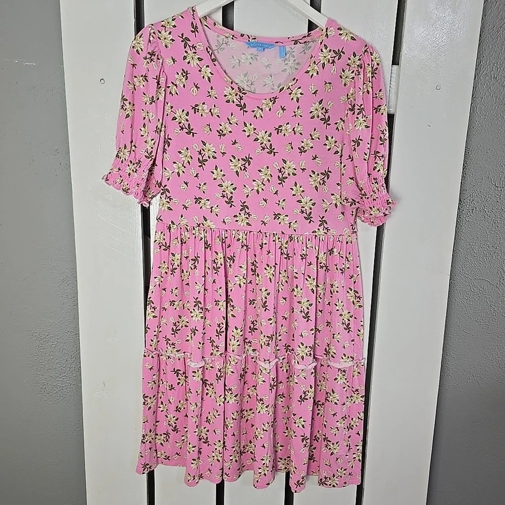 Draper‎ James Lee Ann Dress Medium Pink Magnolia Floral Puff Sleeve Coquette